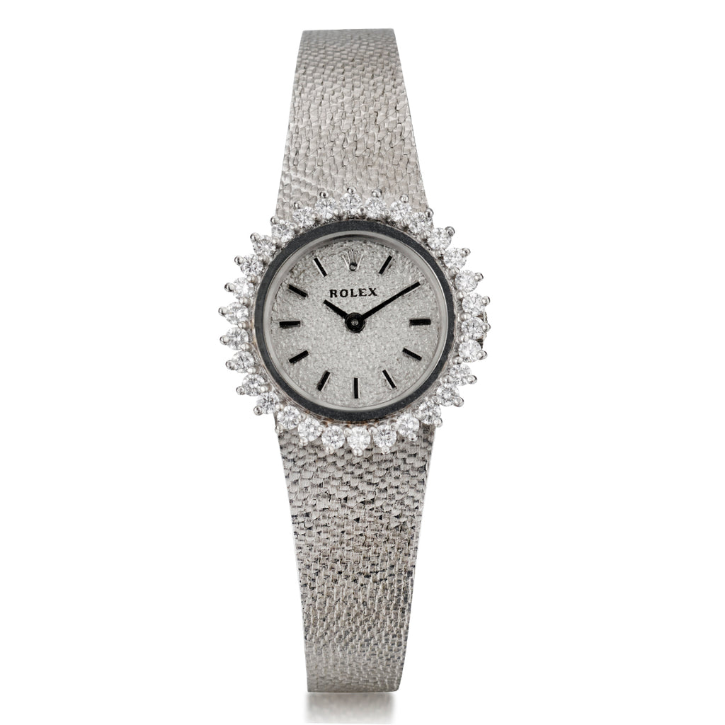 Ladies 18kt White Gold Rolex Dress Watch with Diamond Bezel. – Van Rijk