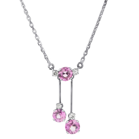 Vintage Pink Tourmaline and  Diamond Necklace. 18kt White Gold. Circa 1910
