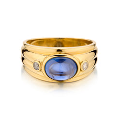18kt Yellow Gold Cabachon Blue Sapphire and Diamond Ring.