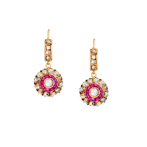 Georgian 14kt Pink Gold Ruby and Diamond Earrings.
