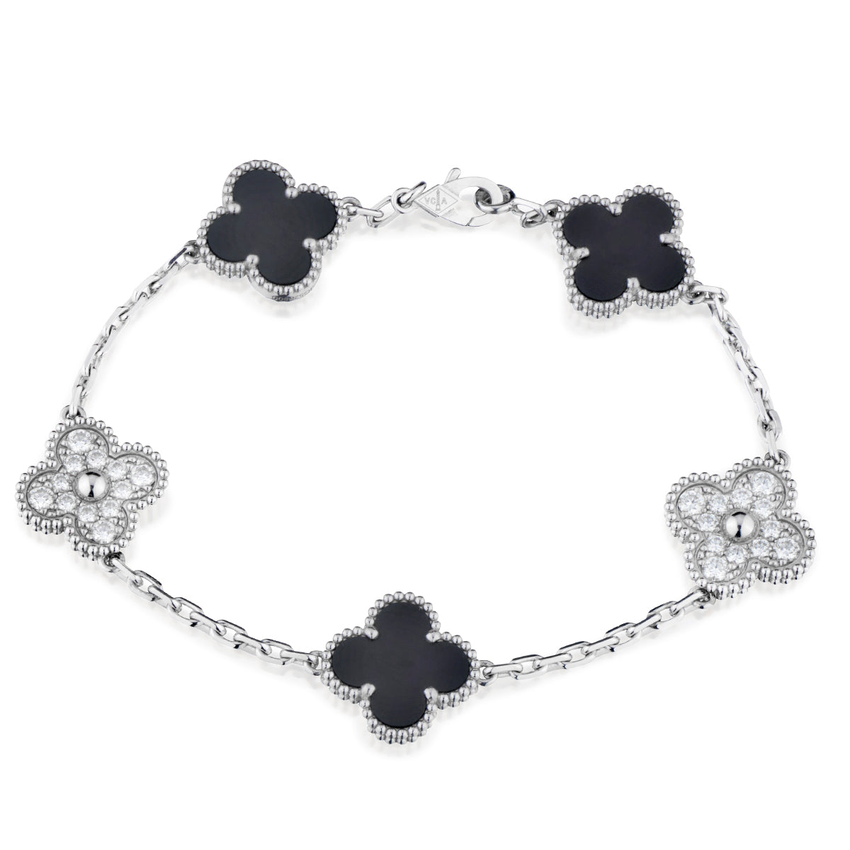 18KT WHITE GOLD 5 MOTIF DIAMOND & ONYX BRACELET.