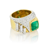 Tony Cavelti Platinum and 18kt Yellow Gold Green Emerald And Natural Diamond Ring.