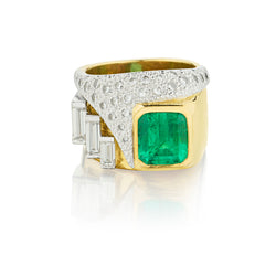 Tony Cavelti Platinum and 18kt Yellow Gold Green Emerald And Natural Diamond Ring.