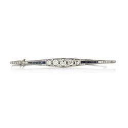 Art Deco Platinum Diamond and Blue Sapphire Bar Brooch.