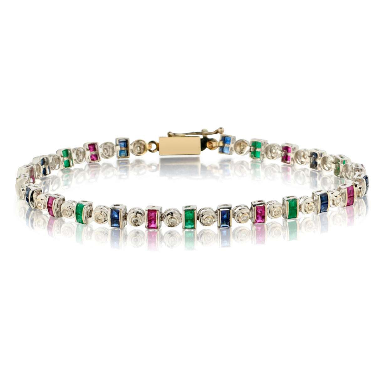 Ladies 14kt White Gold Diamond Bracelet. Ruby, Sapphire, Emerald and Diamond