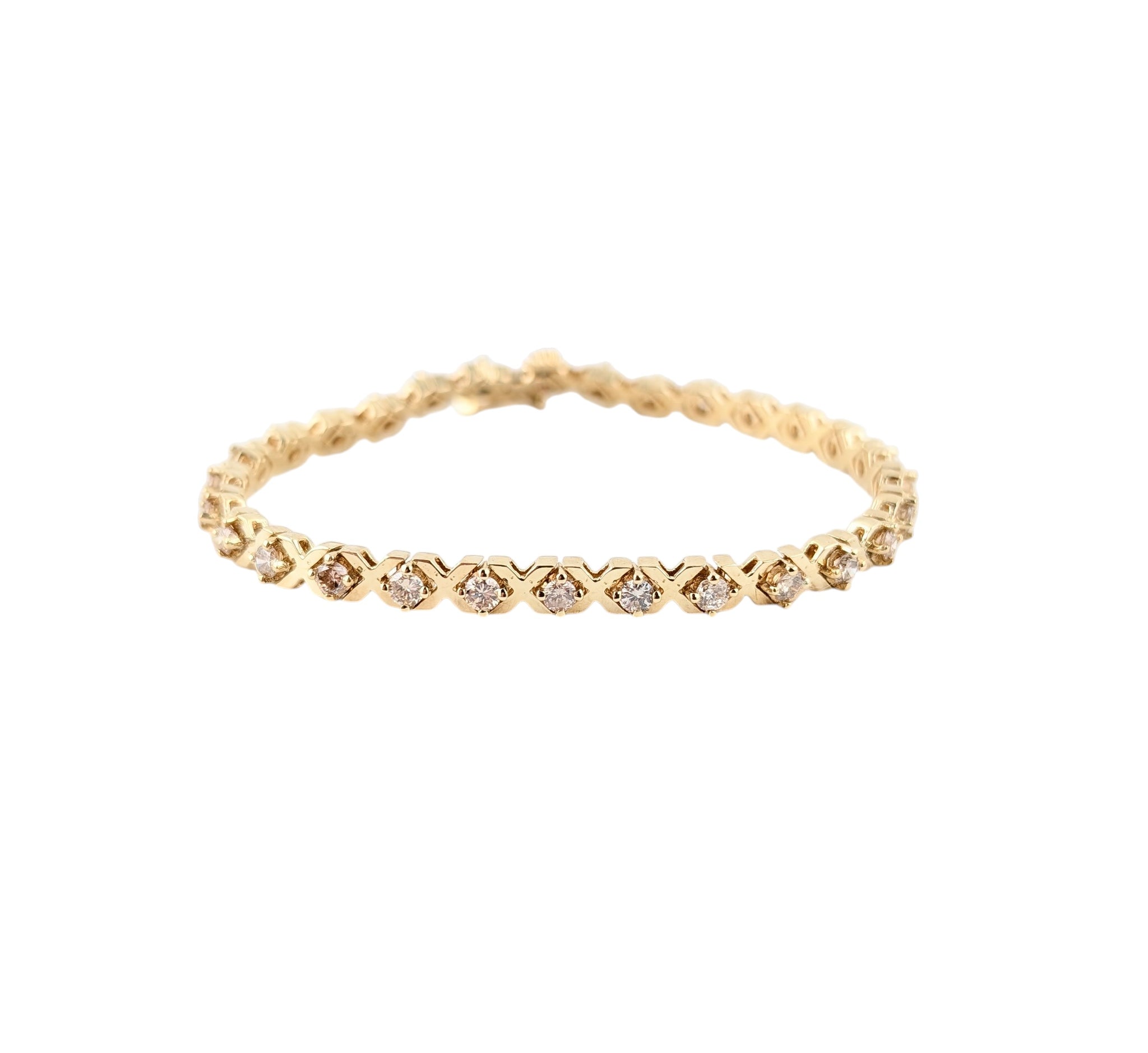 14KT YELLOW GOLD X-LINK DIAMOND TENNIS BRACELET.