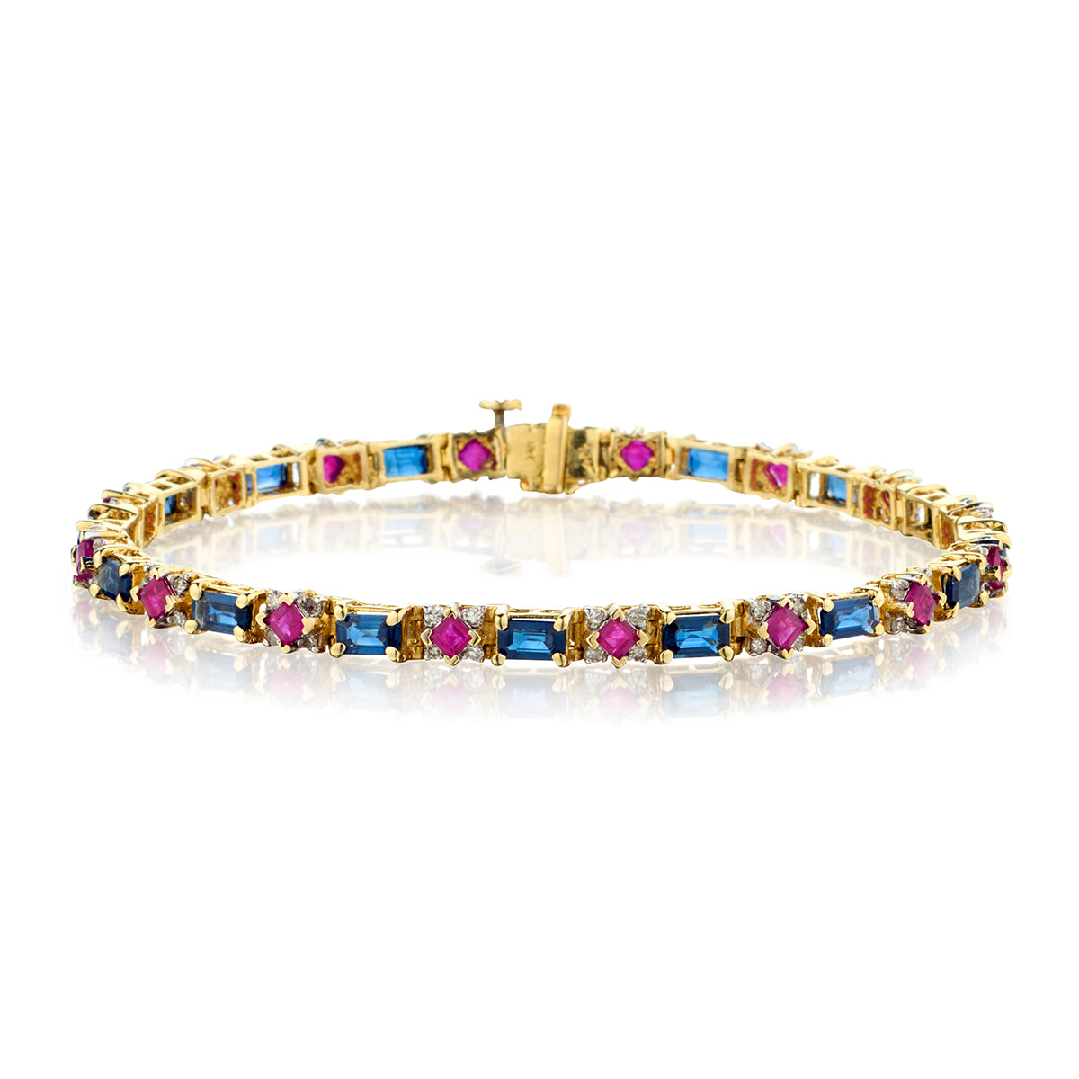 14kt Yellow Gold Blue Sapphire, Ruby and Diamond Bracelet.