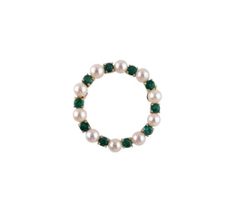 14KT YELLOW GOLD PEARLS AND EMERALD VINTAGE BROOCH.