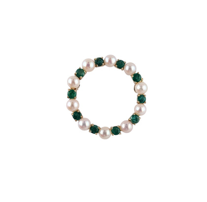 14KT YELLOW GOLD PEARLS AND EMERALD VINTAGE BROOCH.