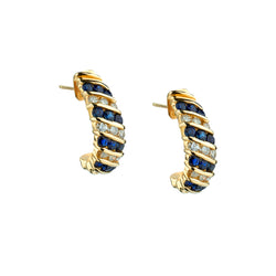 Blue Sapphire and Diamond Half Hoop Earrings. 14kt Yellow Gold