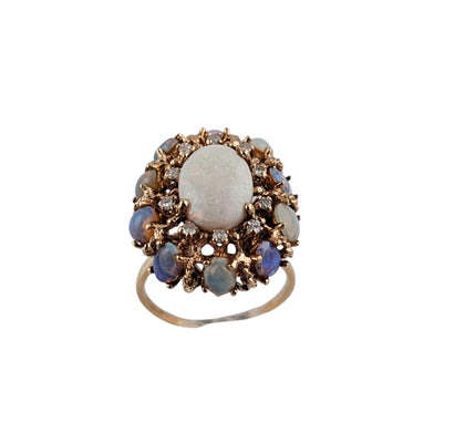 14KT YELLOW GOLD VINTAGE OPAL AND DIAMOND COCKTAIL RING.