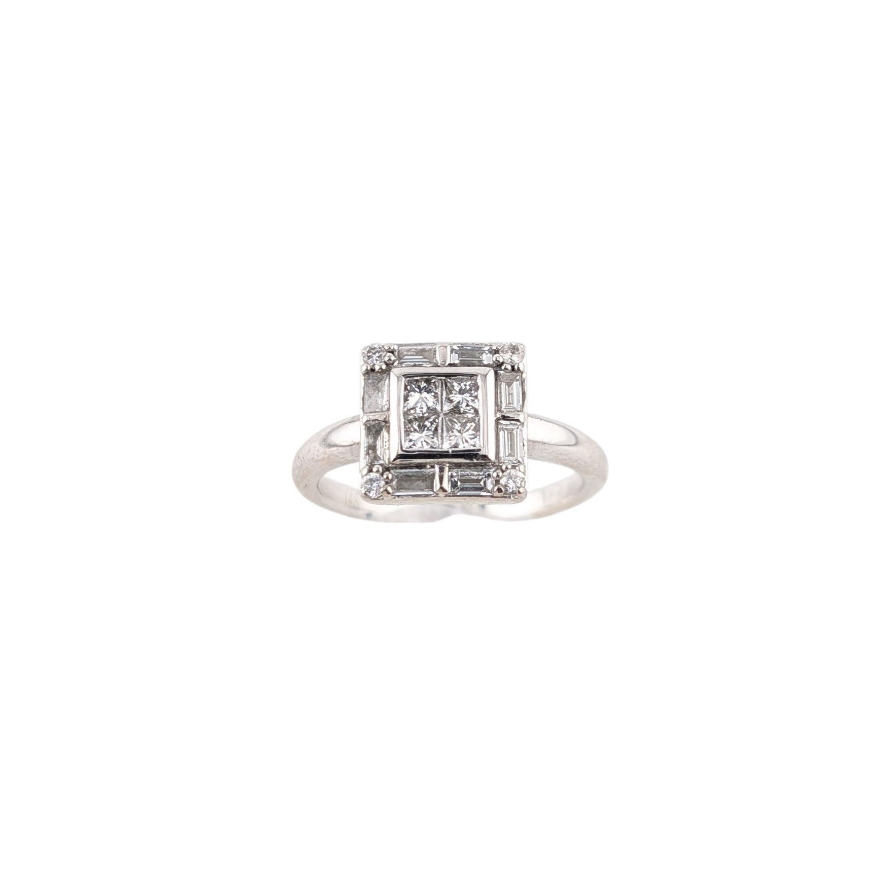 14KT WHITE GOLD SQUARE SET DIAMOND CLUSTER RING.
