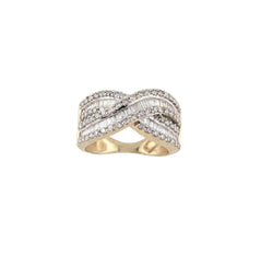 10KT YELLOW GOLD MULTI ROW CROSS OVER DIAMOND RING.