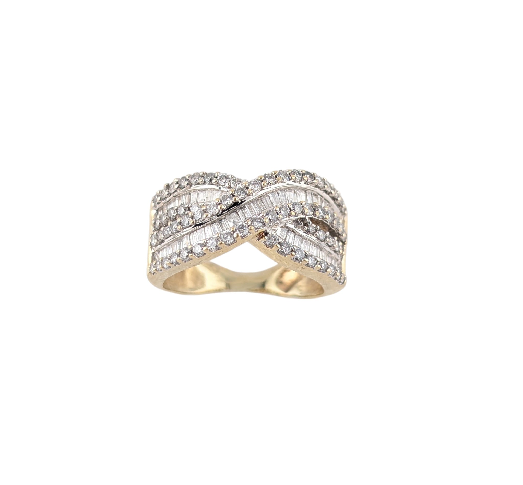 10KT YELLOW GOLD MULTI ROW CROSS OVER DIAMOND RING.