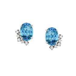 Blue Topaz and Diamond Stud Earrings.  2 x 12.00 Total Carat Weight Oval Blue Topaz