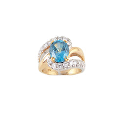 14KT YELLOW & WHITE GOLD BLUE TOPAZ AND DIAMOND RING.