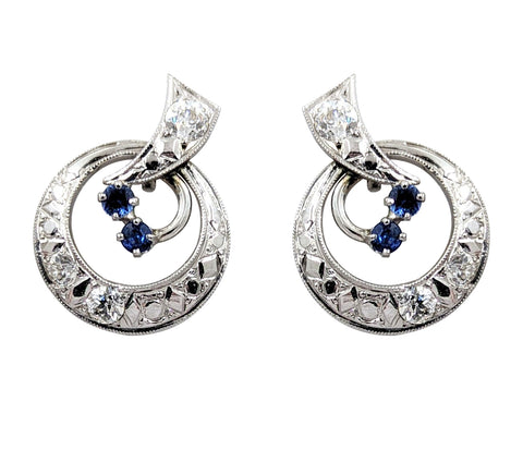 18kt White Gold Vintage Diamond and Sapphire Circular Earrings