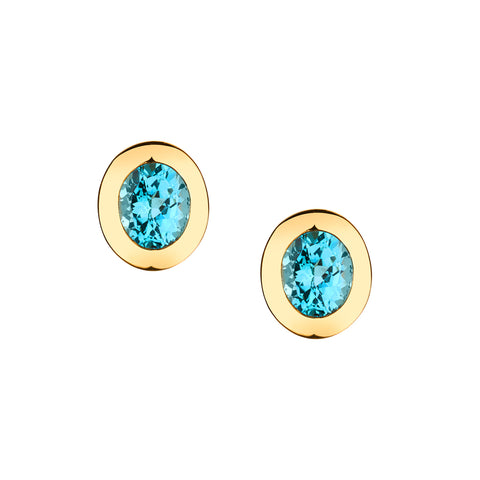 Ladies Modern 14kt Yellow Gold Blue Topaz Earrings.