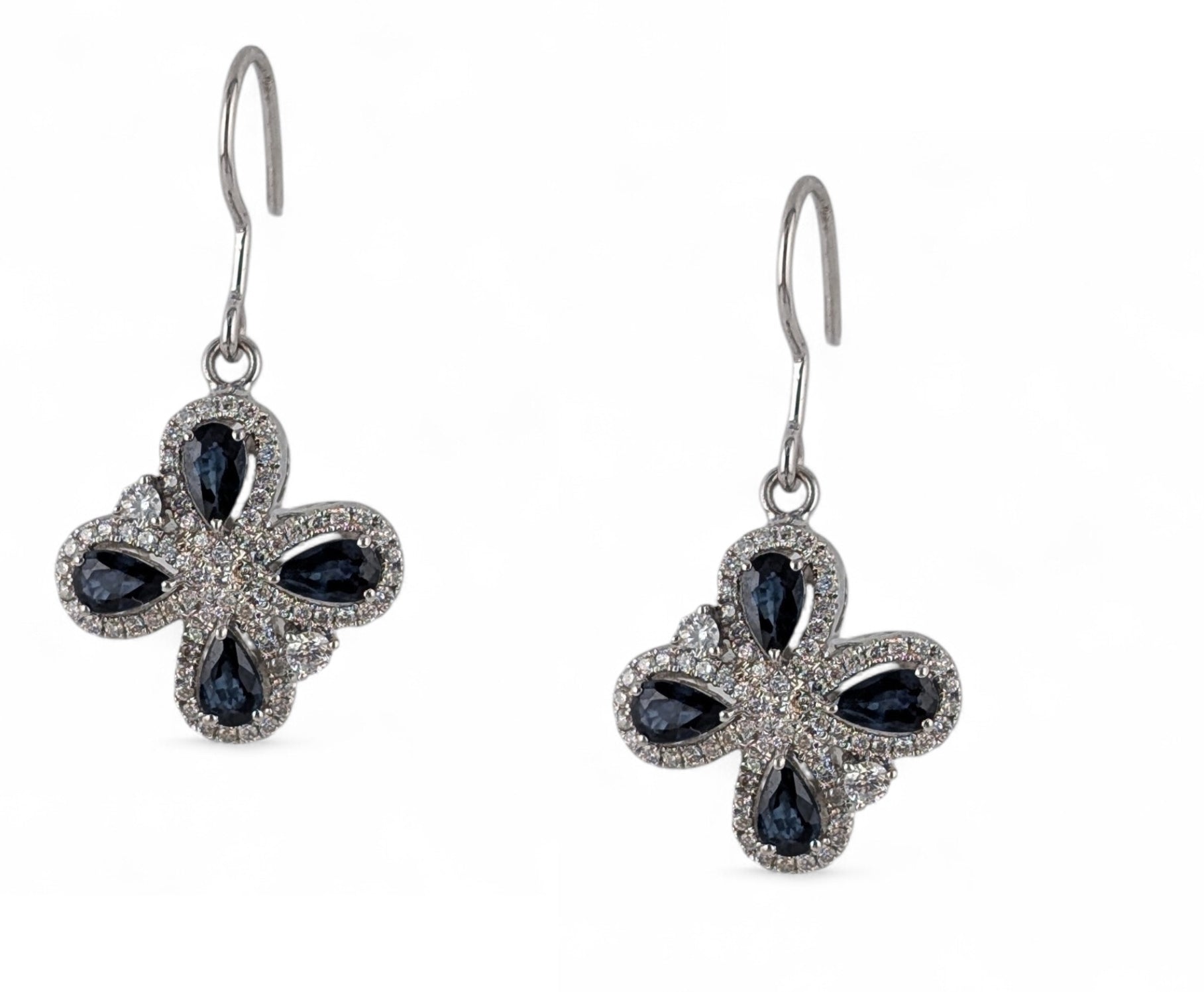 14KT WHITE GOLD CLOVER SHAPED SAPPHIRE & DIAMOND EARRINGS