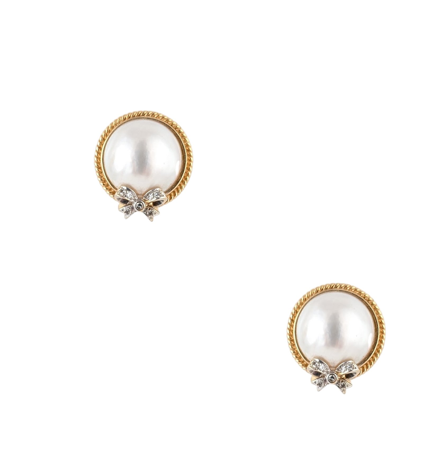 14KT VINTAGE MABE PEARL & DIAMOND EARRINGS.