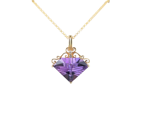 14kt YELLOW GOLD AMETHYST AND DIAMOND PENDANT.