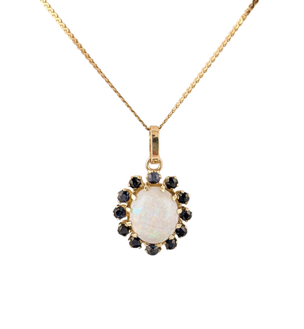 14KT YELLOW GOLD OPAL AND SAPPHIRE PENDANT