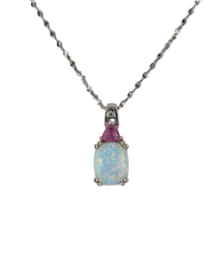 14KT WHITE GOLD OPAL AND PINK SAPPHIRE PENDANT WITH DIAMOND ACCENT.