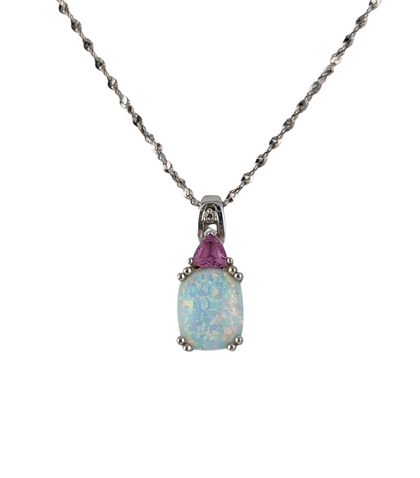 14KT WHITE GOLD OPAL AND PINK SAPPHIRE PENDANT WITH DIAMOND ACCENT.