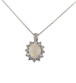 14KT WHITE GOLD WHITE OPAL AND DIAMOND HALO PENDANT AND CHAIN.