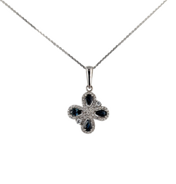14KT WHITE GOLD SAPPHIRE AND DIAMOND PENDANT AND CHAIN.