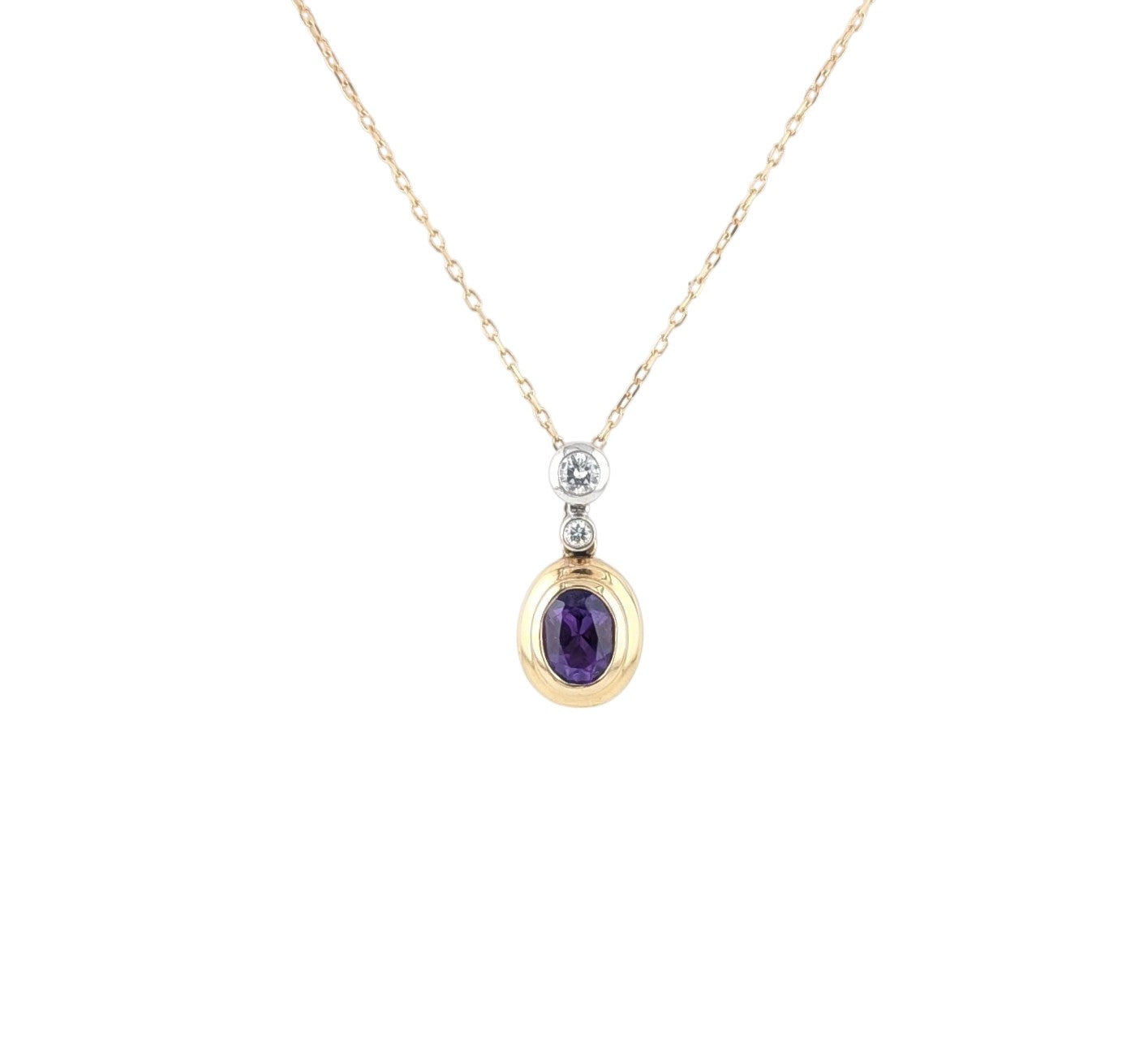 14KT YELLOW GOLD AMETHYST & DIAMOND NECKLACE.