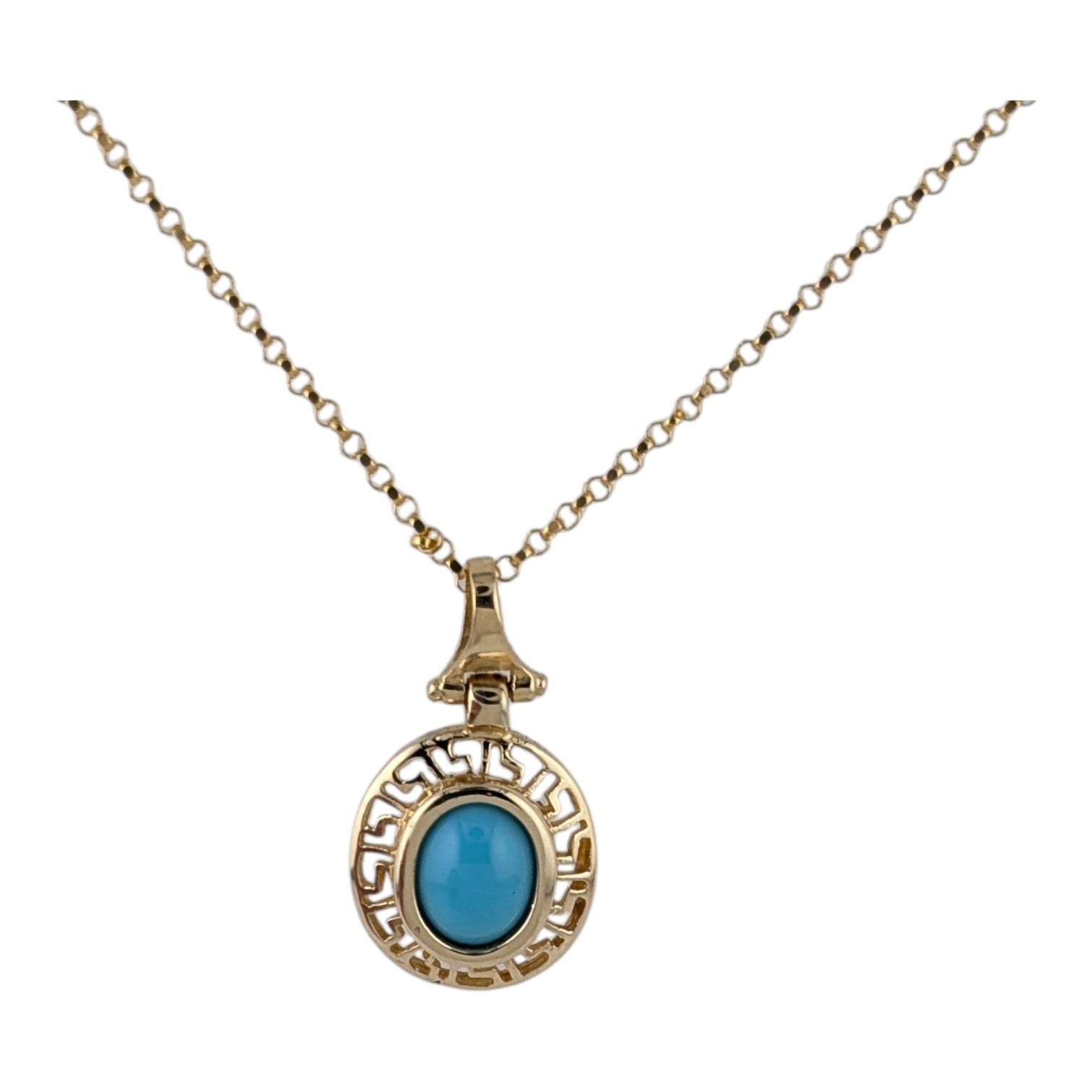 14K YELLOW GOLD TURQUOISE PENDANT AND CHAIN.
