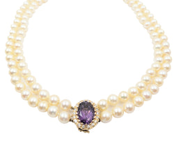 9mm Opera Length Double Pearl Strand with Amethyst and Diamond Clasp.30"(L)