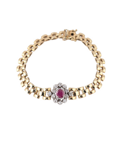 14KT YELLOW & WHITE GOLD RUBY AND DIAMOND BRACELET.