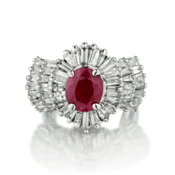 14kt White Gold Ruby and Diamond Ballerina Ring. 3.50 Oval Ruby