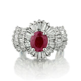 14kt White Gold Ruby and Diamond Ballerina Ring. 3.50 Oval Ruby