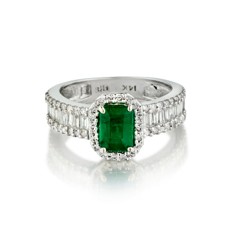 Ladies 14kt White Gold Green Emerald and Diamond Ring.