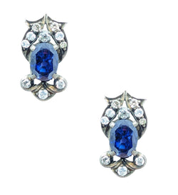 Vintage Inspired Silver Brilliant Cut and Synthetic Sapphire Stud Earrings.