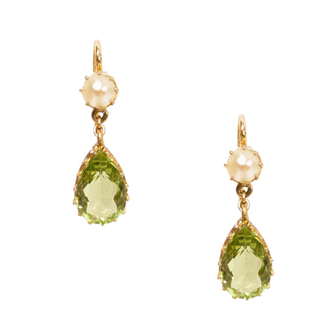 9KT YELLOW GOLD PERIDOT AND PEARL EARRINGS
