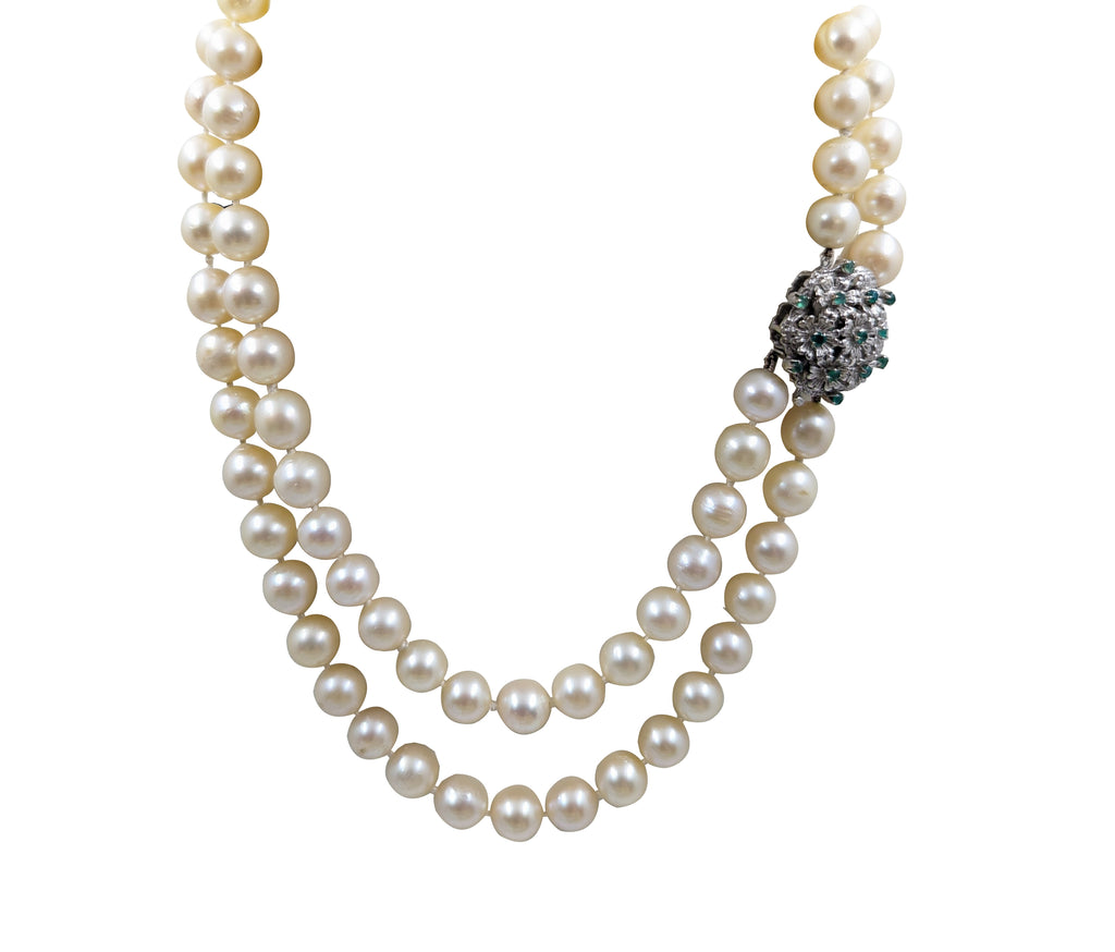 Van Rajak Pearl Double Row Strand with Floral Green Emerald Clasp | Van Rijk ...