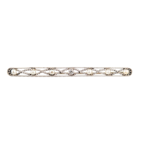Platinum Natural Pearl and Diamond Bar Pin Brooch.