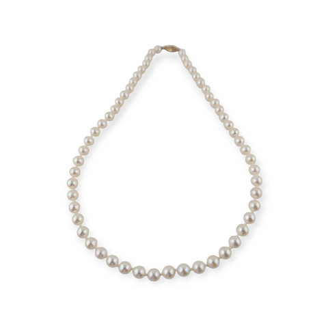 PEARL NECKLACE WITH YELLOW GOLD CLASP 24" IN LENGTH.