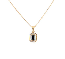 10KT YELLOW GOLD SAPPHIRE AND DIAMOND PENDANT WITH CHAIN.