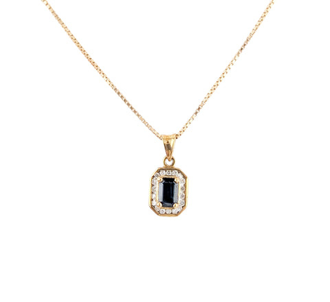 10KT YELLOW GOLD SAPPHIRE AND DIAMOND PENDANT WITH CHAIN.