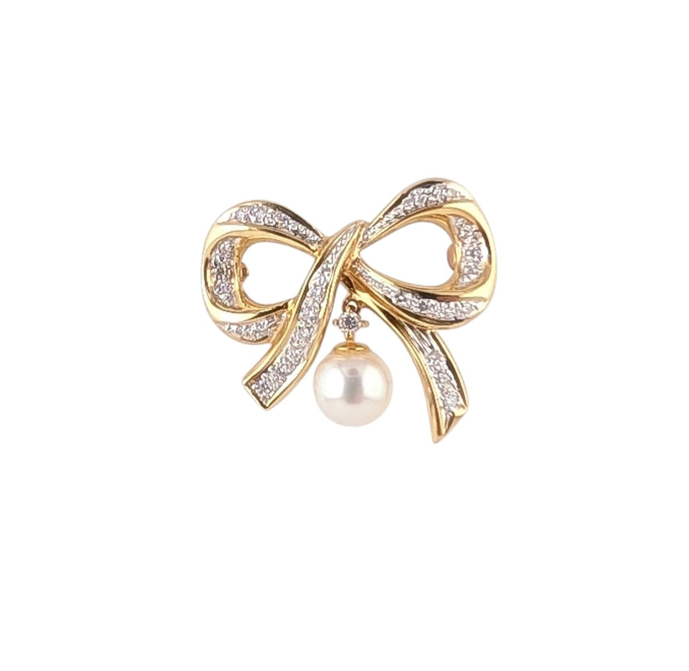 14KT YELLOW GOLD BOW BROOCH WITH DANGLING PEARL DROP