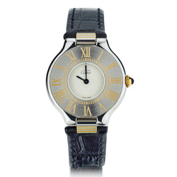 Cartier Le Must 21 in Steel. Black Leather Band.