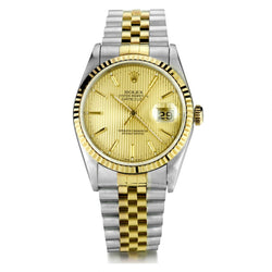Rolex Datejust in Steel and 18kt Yellow Gold. Champagne Tapestry Dial. Circa 2002. Ref:16233