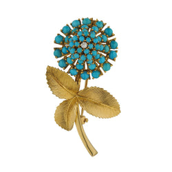 Ladies 18kt Y/G Vintage Turquoise and Diamond Brooch. French