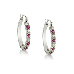 Ladies 14kt White Gold Ruby and Diamond Hoop Earrings.