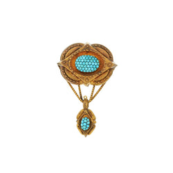 Victorian Vintage Mourning Pin with Torquise Stones. 14kt Yellow Gold